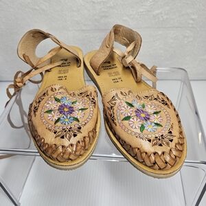Mexican Leather Huarache Sandals Womens 8 Floral Embroidered Lace Up
